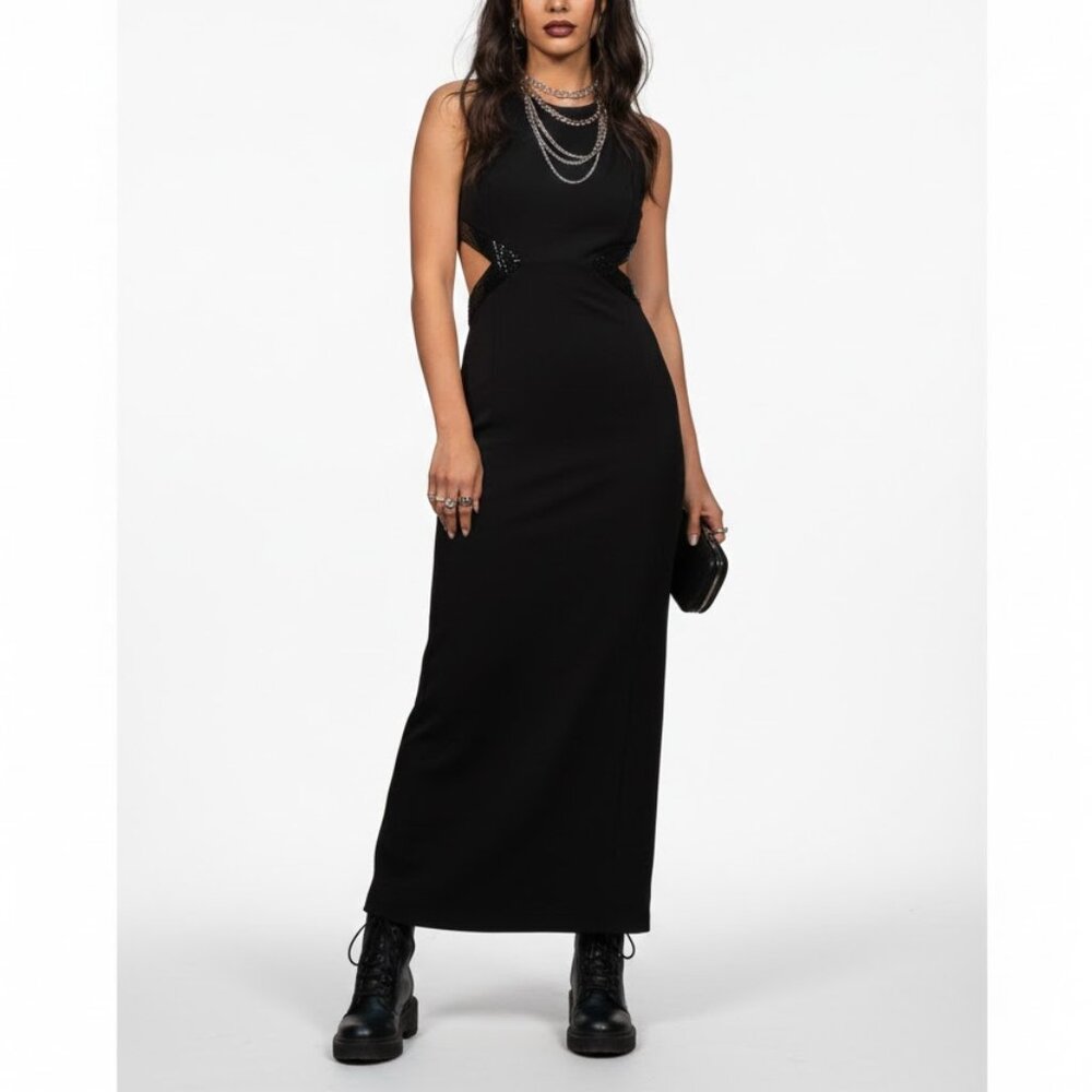 Vintage Y2K Black Beaded Detail Cut Out Maxi Evening Dress